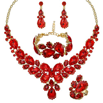 Women's Wedding Bridal Austrian Crystal Glass Teardrop Statement Necklace Dangle Earrings Bracelet Ring Wedding Party Jewelry Set for Bridal Bridesmaid - color: Red-Gold Plated