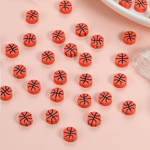 100Pcs Sports Ball Beads Basketball Polymer Clay Beads DIY Crafts Spacer Loose Beads for Key Chains Jewelry Making Earring Bracelet Necklace (Basketball) - color: Basketball