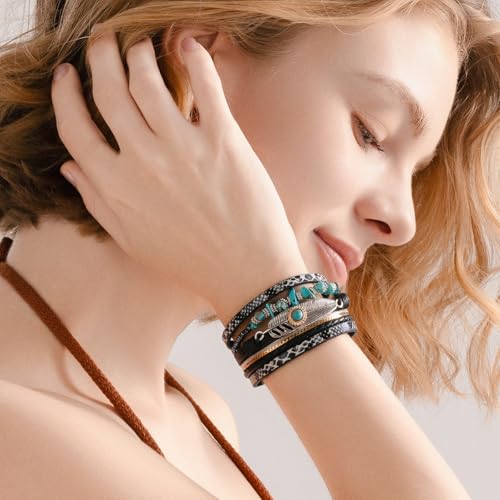 Western Turquoise Leather Cuff Bracelets Boho Feather Cowgirl Jewelry | Stackable Country Hippie Wrap Bangle Set Magnetic Clasp Chunky Beaded Stone Bohemian Statement Outfits for Women Trendy - color: Black