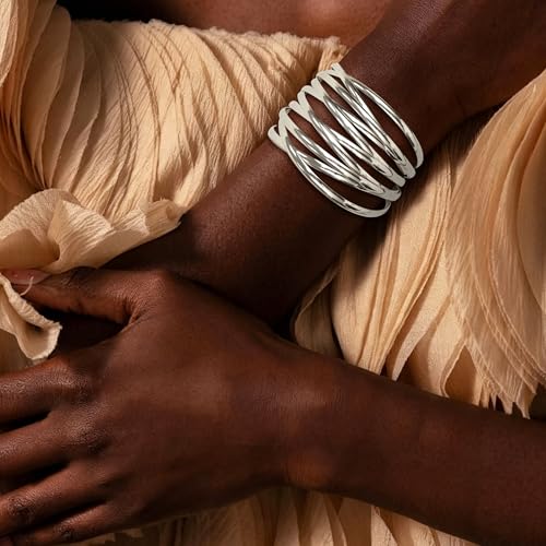 4Pcs Chunky Gold Cuff Bracelects for Women Gold Bangles Irregular Minimalist Statement Bangle Bracelets Set Open Wide Bangle Upper Arm Cuff Jewelry - color: Silver-A