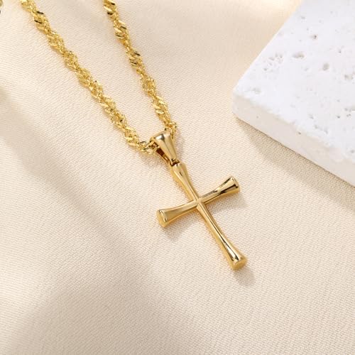 Small Cross Pendant Necklace for Women, 18" + 2" Wave Chain Stainless Steel - color: Gold