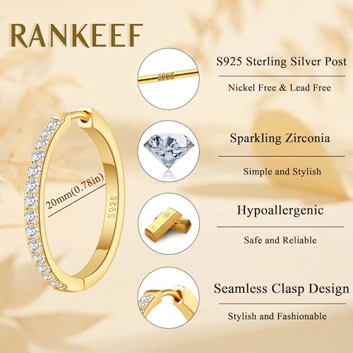 RANKEEF Gold/Silver Hoops Earrings For Women Hypoallergenic | S925 Silver Hoop Earings Lightweight Gold Hoops Gold Rhinestone Earring With Cubic Zirconia 20/30/40mm - color: Gold-20mm