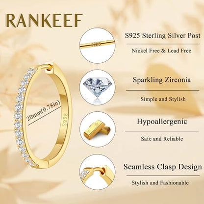 RANKEEF Gold/Silver Hoops Earrings For Women Hypoallergenic | S925 Silver Hoop Earings Lightweight Gold Hoops Gold Rhinestone Earring With Cubic Zirconia 20/30/40mm - color: Gold-20mm
