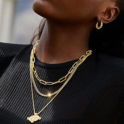 FRUMOS Dainty Layered Choker Necklace 18k gold Plated Y Pendant Commemorative coin Necklace Multilayer Bar Disc Necklace Adjustable Layering Choker Necklaces fashion jewelry for Women Girls - color: Classic snake chain