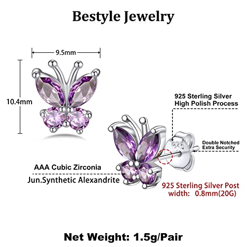 Bestyle Gold Butterfly Earrings for Women, Dainty Cute Birthstone Studs Hypoallergenic Jewelry, Great Birthday Gift - style: 06.June (Alexandrite)-STUD