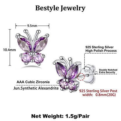 Bestyle Gold Butterfly Earrings for Women, Dainty Cute Birthstone Studs Hypoallergenic Jewelry, Great Birthday Gift - style: 06.June (Alexandrite)-STUD