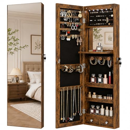 Lockable Jewelry Cabinet Organizer with Full Length Mirror, 6 Auto LED Lights, Wall & Over Door Mount Jewelry Armoire with Earring Slots, Necklace Hooks, Foldable Makeup Shelf - color: Brown