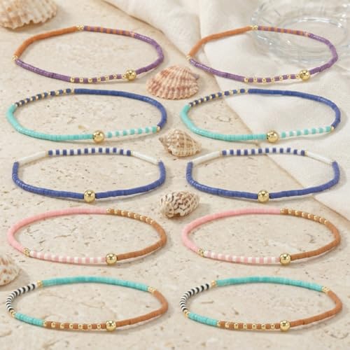 Colorful Stackable Rice Small Mini Seed Beaded Bracelets Set For Women, Handmade Dainty Boho Gold Glass Stretch Accessories Jewelry,Summer Beach Party Daily Friendship Gift - color: 10Pcs Blue Pink Brown