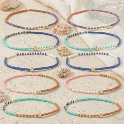 Colorful Stackable Rice Small Mini Seed Beaded Bracelets Set For Women, Handmade Dainty Boho Gold Glass Stretch Accessories Jewelry,Summer Beach Party Daily Friendship Gift - color: 10Pcs Blue Pink Brown