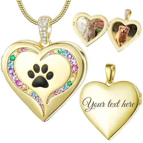 Fanery Sue Personalized Pet Locket Picture Necklace,Dog Cat Memory Gift | Custom Engraved Heart Photo Lockets Necklaces,Dog Cat Sympathy Memorial Jewelry for Women Men - color: Golden, style: Pawprint on Rainbow Bridge