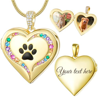 Fanery Sue Personalized Pet Locket Picture Necklace,Dog Cat Memory Gift | Custom Engraved Heart Photo Lockets Necklaces,Dog Cat Sympathy Memorial Jewelry for Women Men - color: Golden, style: Pawprint on Rainbow Bridge