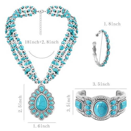 NEWITIN 4 Pieces Silver Bohemian Jewelry Set for Women Fashion Costume Jewels Turquoise Necklace Bracelet Earrings Western Turquoise Jewelry Set for Women - color: Turquoise B