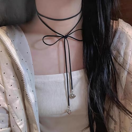 Sexy Bow-knot Choker Necklace for Women, Velvet Tie Neck Gothic Long Wrap Rope Collar Tie Red Chocker Ribbon Suede necklace Accessories for Party Prom - color: black-heart pendant