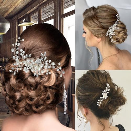 5 Pieces Wedding Hair Accessories: Pearl Crystal Rhinestone Hair Comb, Hair Pins for Brides, Bridesmaids, Women, Girls (Silver, Gold) - color: Silver