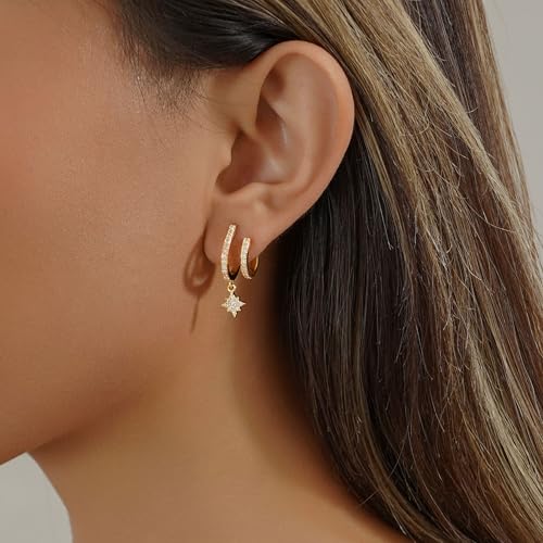 Gold Hoop Earrings for Women Trendy, 14K Gold Plated Huggie Earrings - color: Dangle