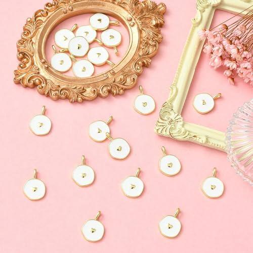 DanLingJewelry10Pcs White Heart Charms Flat Round with Heart Brass Enamel Charms for Jewelry Making Bracelet Earrings Necklace