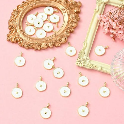 DanLingJewelry10Pcs White Heart Charms Flat Round with Heart Brass Enamel Charms for Jewelry Making Bracelet Earrings Necklace
