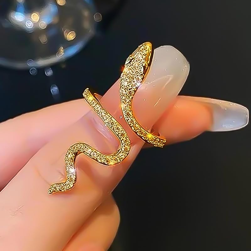 18K Gold Plated Rings for Women and Teen Girls Non Tarnish Cubic Zirconia Fidget Ring Butterfly/Snake/Mesh/Cross/Crown Knuckle Ring Open Adjustable Statement Stacking Chunky Rings - color: Snake