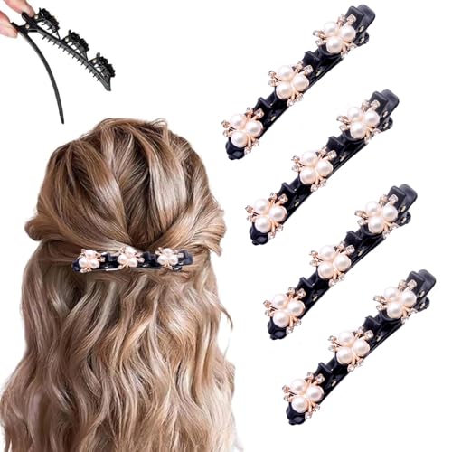 4 Pcs Sparkling Crystal Stone Braided Hair Clips, 2026 New Satin Fabric Hair Bands Rhinestone Four-Leaf Clover Hair Clip for Styling, Duck Bill Clips for Women Girls, Color P - color: Color P