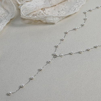 HAXIYA Gold Pearl Y-Shaped Necklace for Women Layered Lariat Long Pendant | 14K Gold Plated/Sterling Silver Dainty Drop Chain Layered Pearl/Beaded Necklaces Simple Gold Jewelry for Women - color: Pearl - Silver