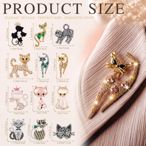 12 Pcs Women Brooches Bulk Vintage Rhinestone Pin Set - style: Cat