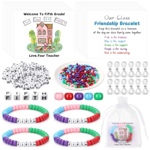 Tondiamo 24 Sets 5th Grade Back to School Gifts Friendship Bracelet Making Kit for Students Include Our Class is a Family Greeting Cards Beads Strings Bags DIY Kit for First Day of School Classroom - style: 5th Grade