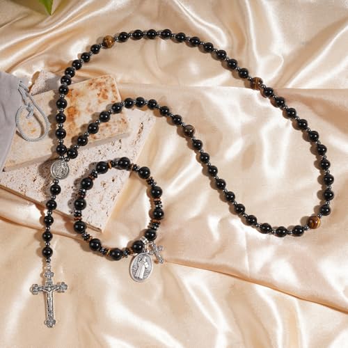 Rosary for Men Women, Natural Stone Beads with St. Benedict Bracelet | 8 mm Natural Stone Prayer Beads with 10 mm Accent Beads, St. Benedict Crucifix, Matching Bracelet, Gift Box and Pouch. - color: Obsidian