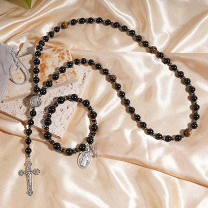 Rosary for Men Women, Natural Stone Beads with St. Benedict Bracelet | 8 mm Natural Stone Prayer Beads with 10 mm Accent Beads, St. Benedict Crucifix, Matching Bracelet, Gift Box and Pouch. - color: Obsidian