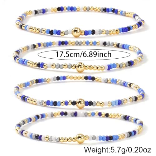 Seed Beaded Stack Bracelets Set for Women,Small Boho 4Pcs Colorful Handmade Dainty Trendy Gold Stretch Accessories Jewelry, Summer Daily Party Friendship Gift - color: Royal Blue