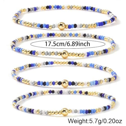Seed Beaded Stack Bracelets Set for Women,Small Boho 4Pcs Colorful Handmade Dainty Trendy Gold Stretch Accessories Jewelry, Summer Daily Party Friendship Gift - color: Royal Blue