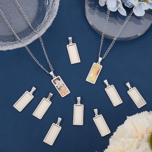 1 Box 10Pcs Stainless Steel Pendant Trays Bulk Rectangle Bezel Blanks 31x13mm Silver Charms Tray Base Cabochon Bezel Blank for Jewelry Making Resin Photo Craft DIY Necklace Bracelets Adults - style: silver rectangle