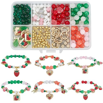 SUNNYCLUE 1 Box 6 Sets Christmas Fruit Bracelet Making Kits Enamel Strawberry Charms Red Green Glass Spring Food Alloy Light Gold Heart Flower Leaf Beads for Jewelry Making Kits Starter Supplies - style: Cherry 2