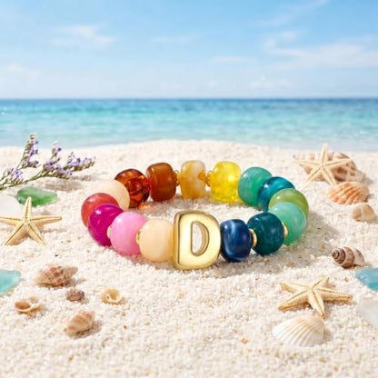 Bubble Initial Chunky Beaded Bracelet for Women Colorful Resin Bead Trendy Statement Big Stretch Bracelets Summer Beach Boho Charm Jewelry Cute Gifts for Women - color: Initial D