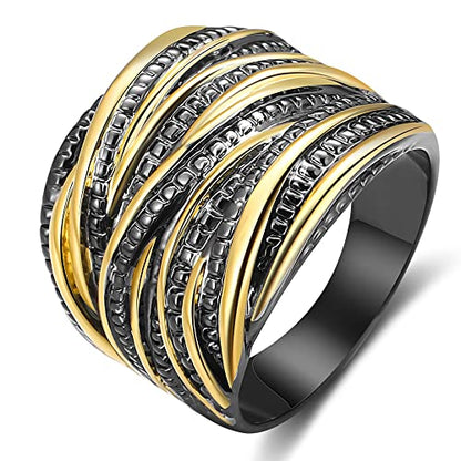 Mytys 2 Tone Intertwined Crossover Statement Ring Fashion Chunky Band Rings for Women Wide Index Finger Rings Costume Jewelry - color: Gold and black