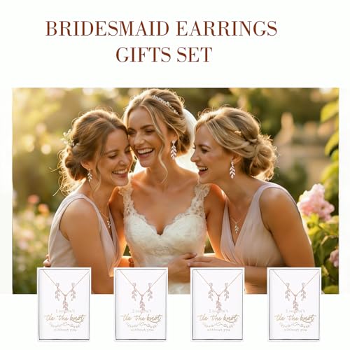 DHQH Bridesmaid Necklace Earrings Set Gifts I Couldn't Say I DO Without You Cubic Zirconia Leaf Pendant Necklace Bridesmaid Proposal Gift Set of 4 6 - color: rose-leaf-4set