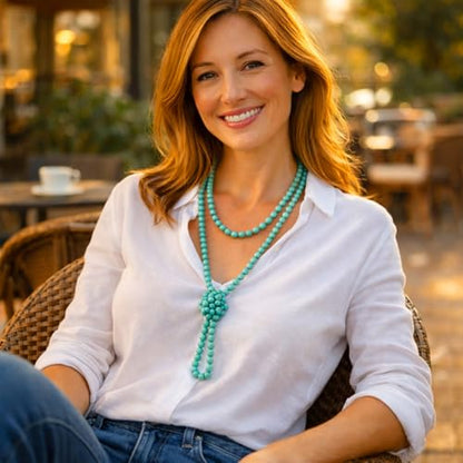 Sheplus Genuine Turquoise Long Beaded Necklace for Women, Boho Statement Layered Multi Strand Lariat Necklace, Handmade Western Jewelry Gift for Her