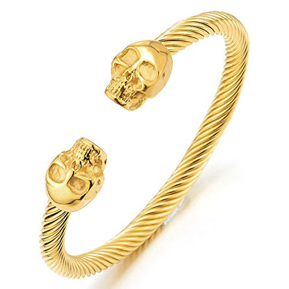 COOLSTEELANDBEYOND Elastic Adjustable Unique Mens Skull Cuff Bangle Steel Twisted Cable Bracelet Polished - color: B-Metal Color: Gold