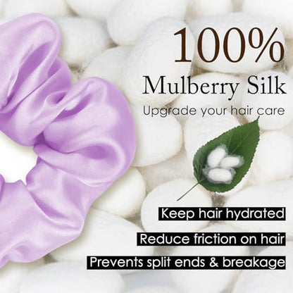 OLESILK 100% Mulberry Silk-Scrunchies for Hair Sleep, Women Grils Silk Hair Ties for Frizz & Breakage Curly Hair, No Damage, Elastics Ponytail Holder, 3 Pack - color: 3pcs, Black-Light Champagne-Lavender