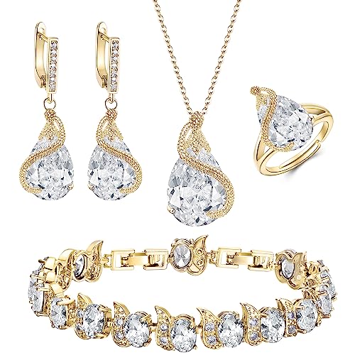 EVER FAITH Wedding Jewelry Set for Bride Bridesmaid, Glamour Teardrop Cubic Zirconia Pendant Necklace Earrings Tennis Bracelet Open Ring Sets for Birthday/Valentine's Day/Mother's Day/Christmas - color: A_Clear Gold-Plated-Brass
