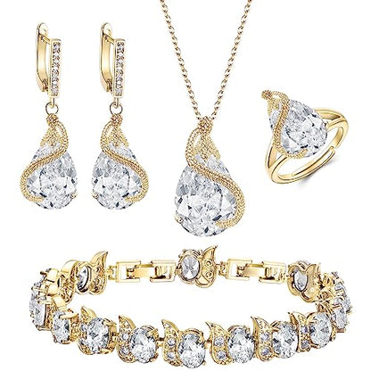 EVER FAITH Pear Cubic Zirconia Wedding Jewelry Set for Bride Bridesmaid - color: Clear Gold-Plated-Brass