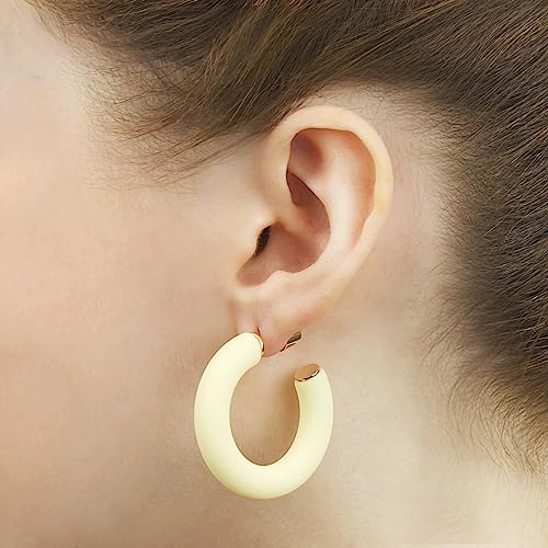 Gold Plated Multicolor Resin Chunky Thick Open Hoop Earrings in 57MM and 37.5MM Diameters - color: Yellow - Pastel - Matte Finish, size: 37.5MM (1.48") Diameter