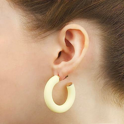 Gold Plated Multicolor Resin Chunky Thick Open Hoop Earrings in 57MM and 37.5MM Diameters - color: Yellow - Pastel - Matte Finish, size: 37.5MM (1.48") Diameter
