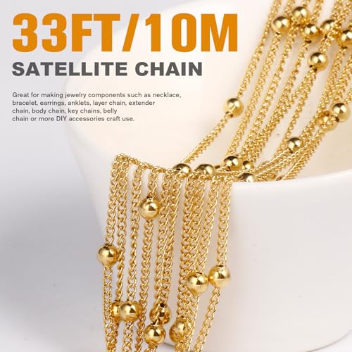 33FT 2mm 18K Gold Plated Satellite Bead Chains Roll Bulk for Jewelry Making | 304 Stainless Steel Gold Ball Beaded Twisted Curb Link Chains Spool for DIY Craft - color: Gold Big Beads Satellite Curb Chain