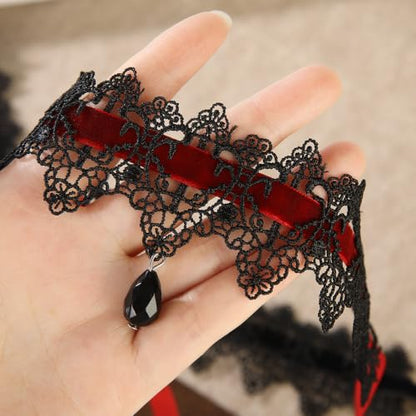Gothic Lace Choker Necklace for Women Vintage Y2K Black Red Velvet Ribbon Tie Back Chokers Vampire Cosplay Jewelry Accessories (Red)