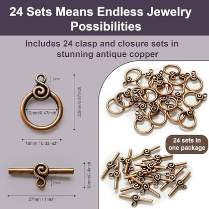 Heather's cf Toggle Jewelry Clasps – Durable Quality, Antique Swirling Copper Finish Toggle Clasps & Closures for Necklace, Bracelet & Charms – Ideal for DIY, & Jewelry Making – Medium (Set of 23) - color: Medium copper toggle clasp