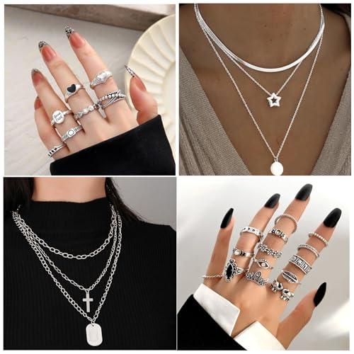 73 Pcs Gold Jewelry Set with 6Pcs Layered Necklace, 11 Pcs anklet and 7Pcs Earring Ear Cuff,12Hoop Earrings ,15pcs Rings,21pcs stud earrings Jewerly set for Women Pack for Friendship Party Gift - style: AA silver