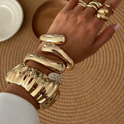 Chunky Gold Bangle Bracelets for Women Trendy Irregular Statement Cuff Bracelets Stack Wide Minimalist 3PCS Bangle Set Jewelry - style: Gold A