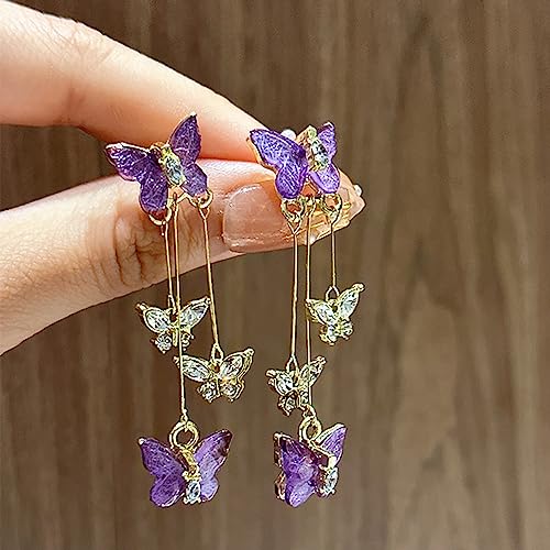 Purple Butterfly Tassel Earrings for Women Crystal Rhinestone Drop Earrings Animal Drop Dangle Charm Earrings - color: B-Purple