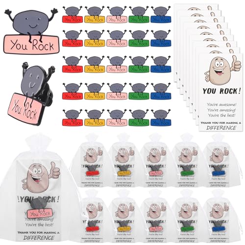 SINCCO 25/50/100 Sets Employee Appreciation Gifts Bulk, Funny You Rock Employee Of The Month Enamel Pins With Thank You Cards Small Inspirational Lapel Pins for Coworkers Office Staff Team Building