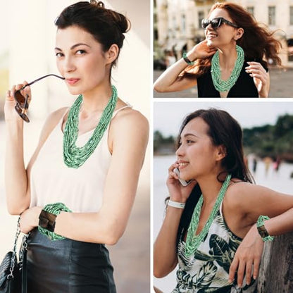 Shop LC Seed Bead Necklace Bracelet Set Boho Jewelry for Women | Multi Layered Boho, Wooden Clasp, 18 Inch Necklace, Stretchable Bracelet - color: Green